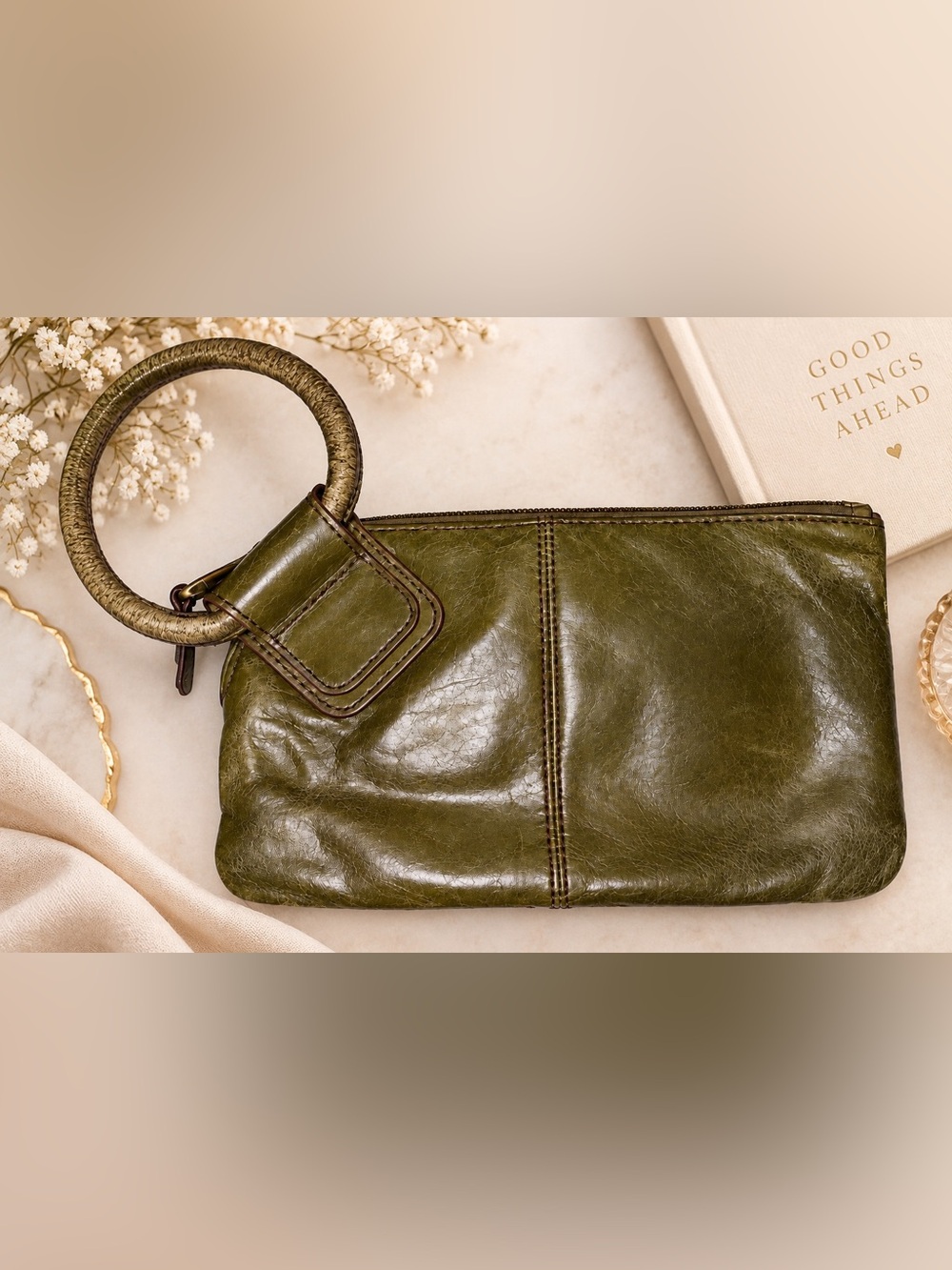 HOBO Olive Green Leather Wristlet Clutch | Ring Handle Organizer